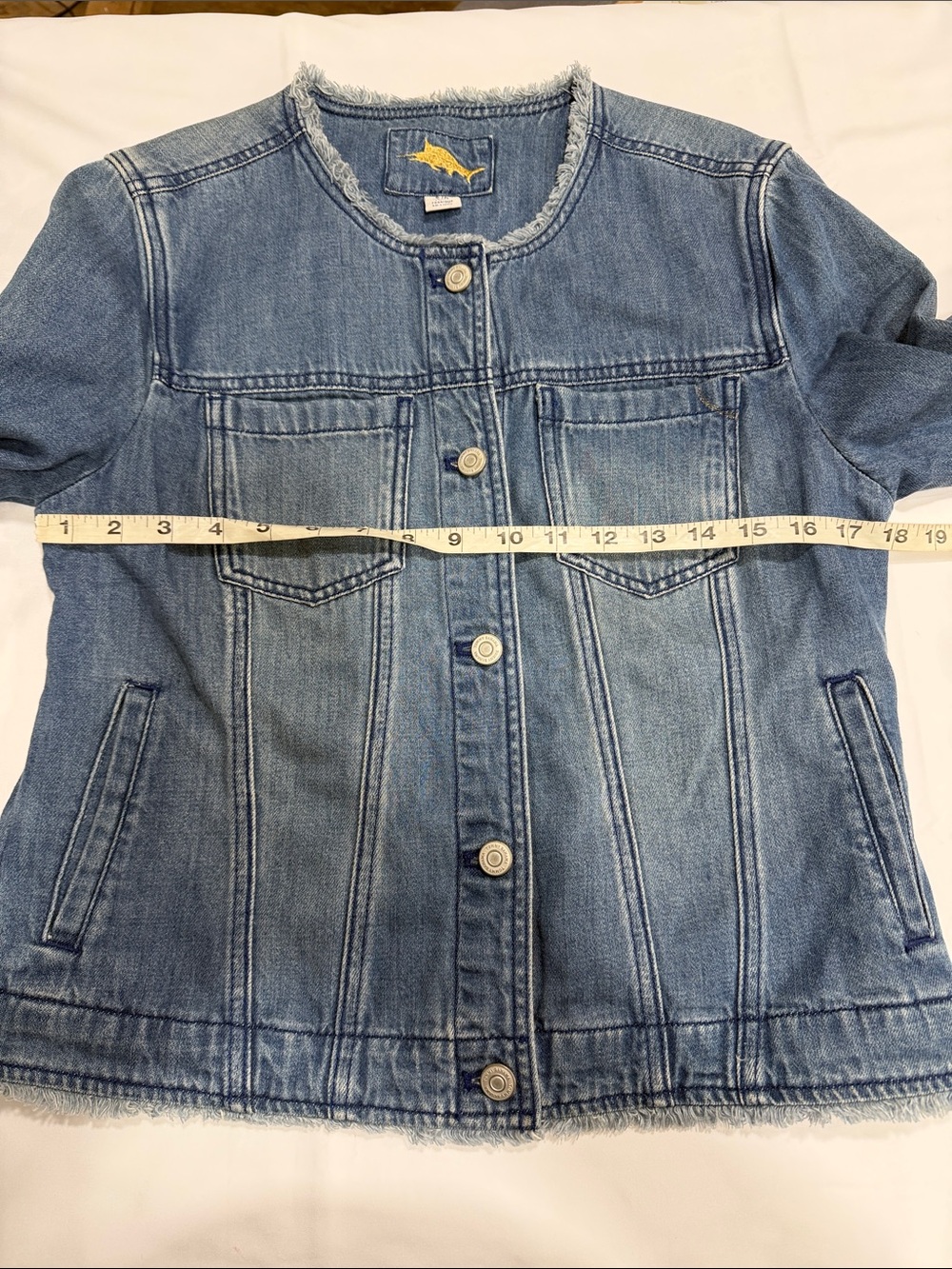 Tommy Bahama Frayed Collarless Denim Jean Jacket, SMALL - Picture 8 of 8